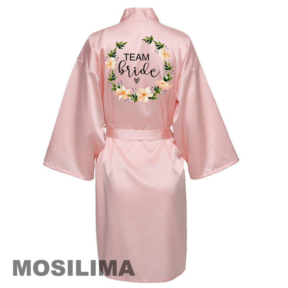 Wedding Party Team Bride Robe With Black Letters Kimono Satin Pajamas