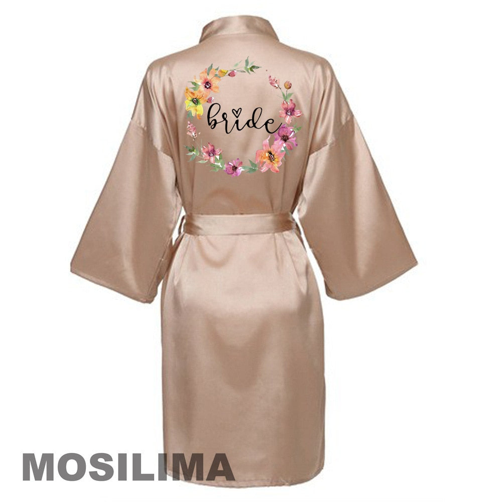 Wedding Party Team Bride Robe With Black Letters Kimono Satin Pajamas