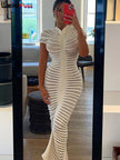 Weird Puss Knit Women Shorts Sleeve Dress Elegant Striped See Through