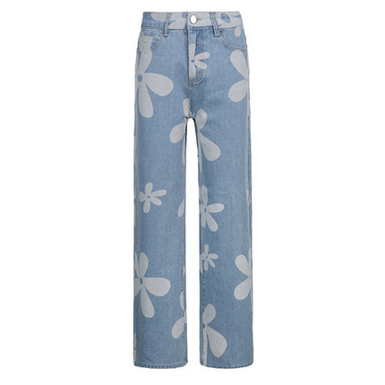 Y2KGIRL Vintage Floral Pattern Patchwork Jeans Women High Waist Cute