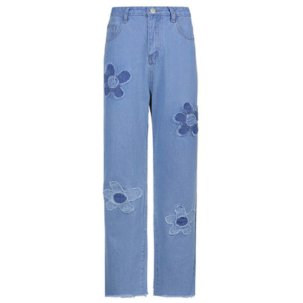 Y2KGIRL Vintage Floral Pattern Patchwork Jeans Women High Waist Cute