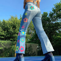 Thumbnail for Y2KGIRL Vintage Floral Pattern Patchwork Jeans Women High Waist Cute