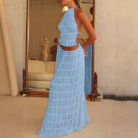 Thumbnail for 2pcs Women's Dress Suit Sexy Sleeveless Backless Cropped Halter Top And Pleated Long Dress