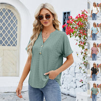 Thumbnail for V-neck Rolled Hem Short-sleeved Top Summer Fashion Button Hollow Design Loose Casual T-shirt Womens Clothing