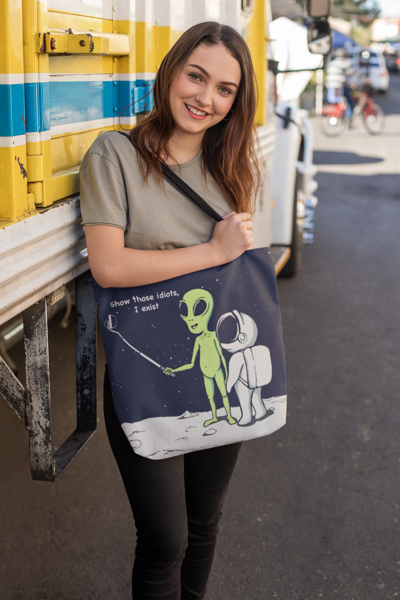 Funny Alien, Show Those Idiots I Exist Tote BagFunny Alien Show Those Idiots I Exist Everyday practical high quality Tote Bag.  Comfortable with style ideal for the beach or out in town. Made from reliable materiHandbagsEXPRESS WOMEN'S FASHIONYellow PandoraFunny Alien, Show