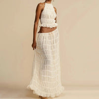 Thumbnail for 2pcs Women's Dress Suit Sexy Sleeveless Backless Cropped Halter Top And Pleated Long Dress