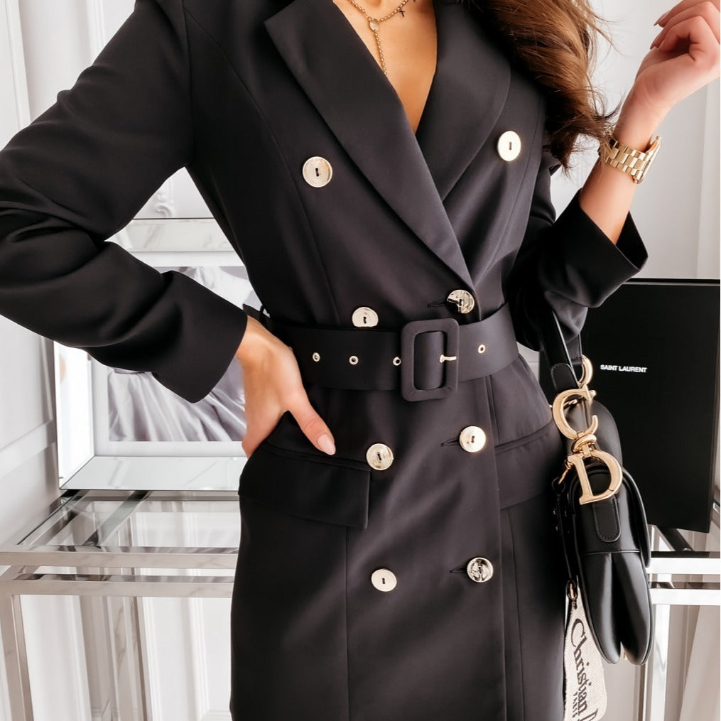Long Sleeve With Belt Color Dress And Coat Women's Clothing