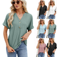 Thumbnail for V-neck Rolled Hem Short-sleeved Top Summer Fashion Button Hollow Design Loose Casual T-shirt Womens Clothing