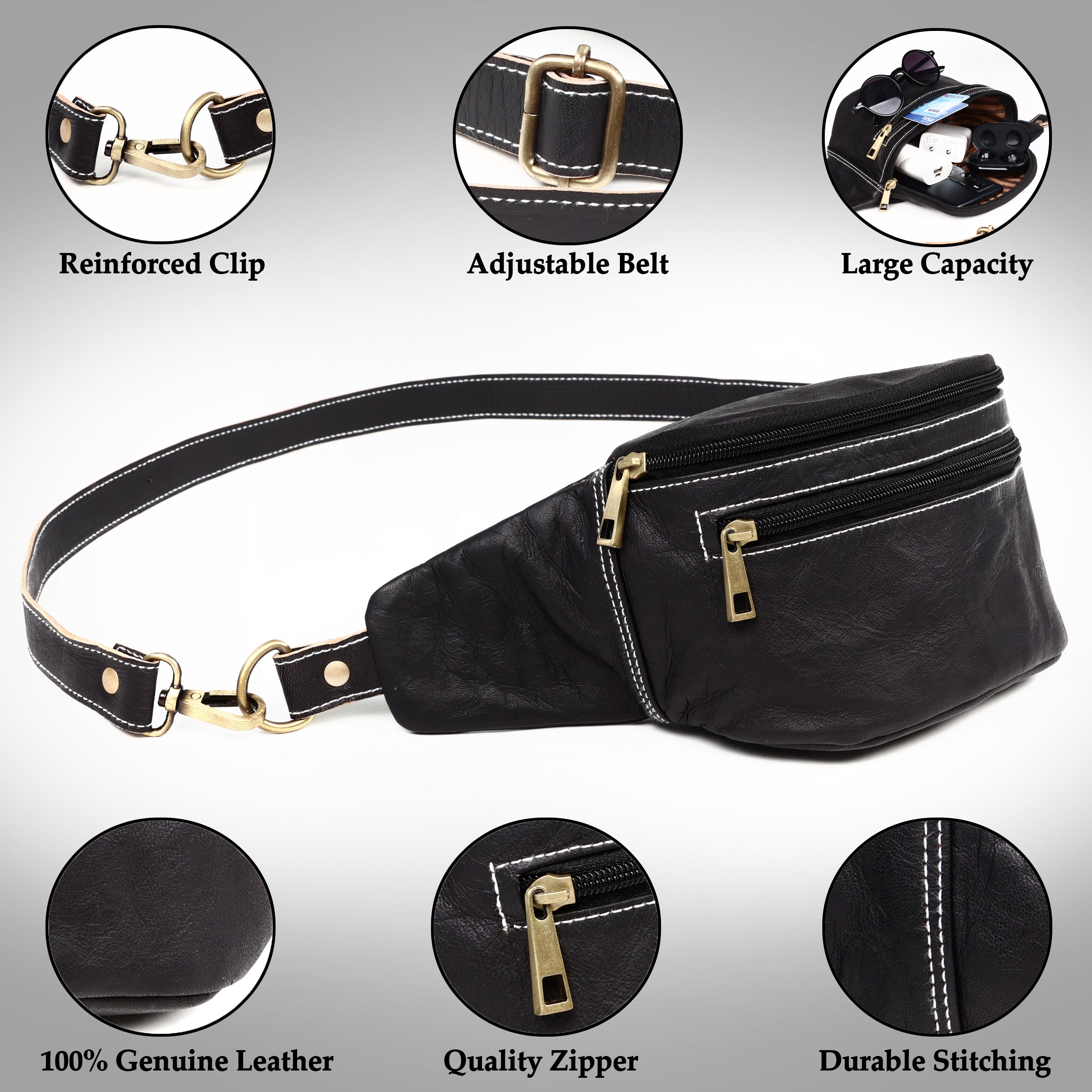 Black Leather Fanny Pack for Unisex Waist Belt Bag for Travel Sports