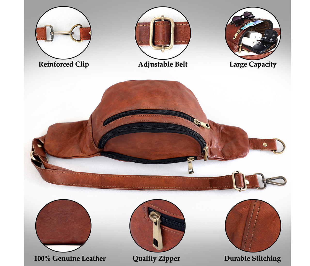 Brown Genuine Leather Fanny Pack for Men & Women Belt Bag