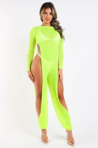 Thumbnail for Sexy Mesh Cover Up Jumpsuit Summer Bodycon Beachwear NEON YELLOW