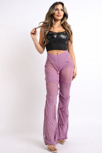 Thumbnail for Bell Bottom Yoga Layered Mesh Flared Leg Pants Leggings Lavender S M L