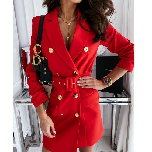 Long Sleeve With Belt Color Dress And Coat Women's Clothing