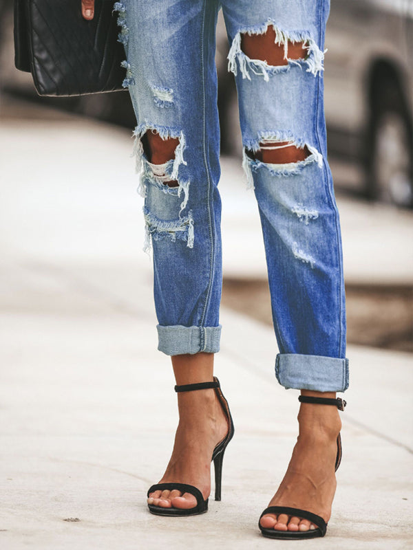 New casual washed ripped straight leg street style jeans
