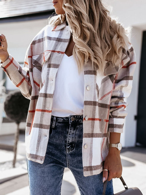 Women's Autumn and Winter Long-sleeved Loose Wool Plaid Shirt Coat