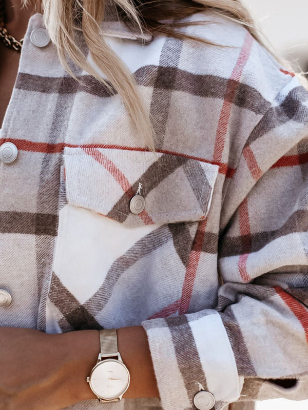 Women's Autumn and Winter Long-sleeved Loose Wool Plaid Shirt Coat