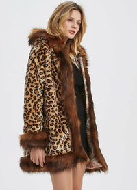 Thumbnail for Womens Leopard Print Hooded Faux Fur Collar Jacket