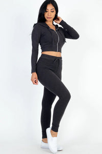 Thumbnail for Ribbed Zip Crop Jacket & Leggings Set (CAPELLA)