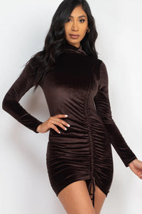 Thumbnail for Turtleneck Drawstring Ruched Velour Dress (CAPELLA)