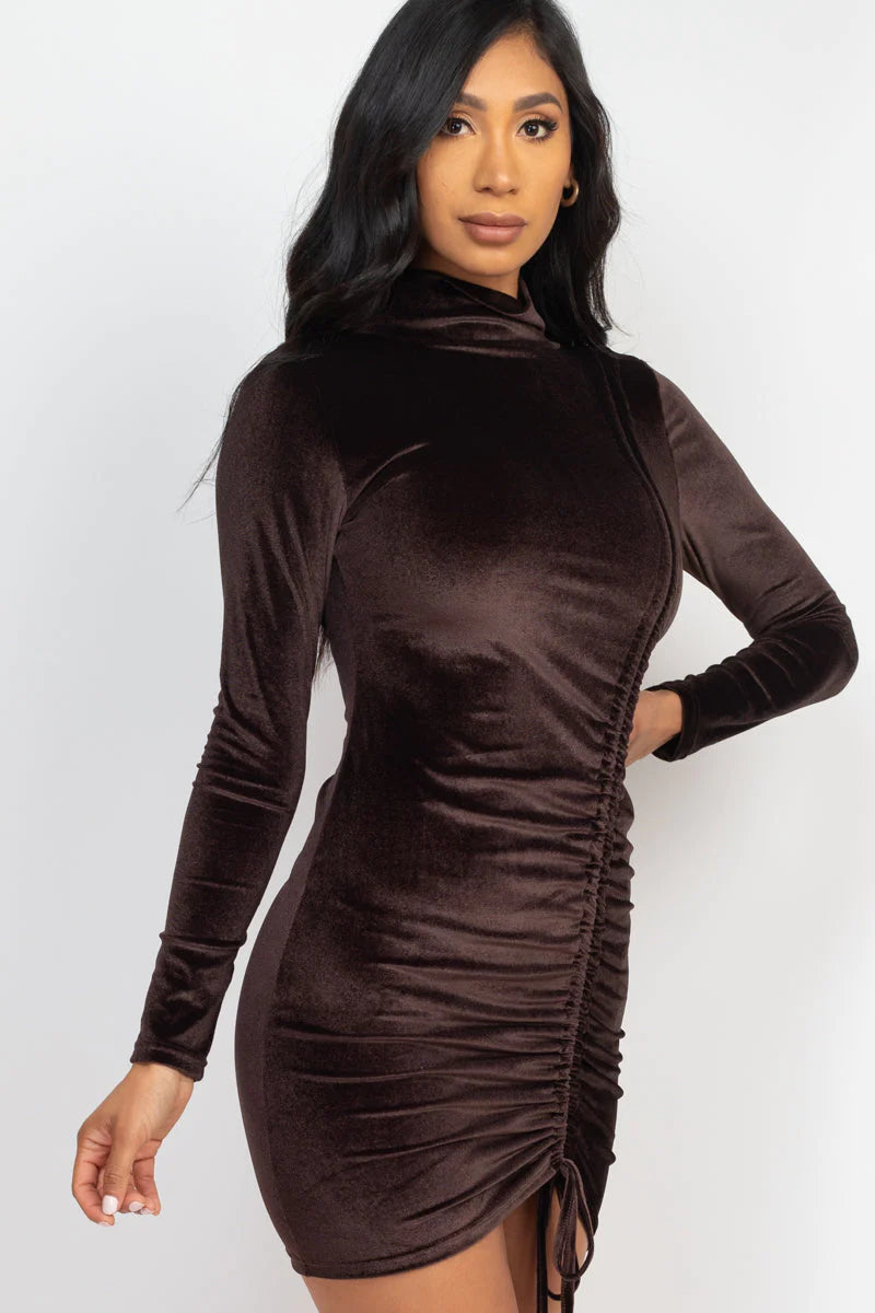 Turtleneck Drawstring Ruched Velour Dress (CAPELLA)