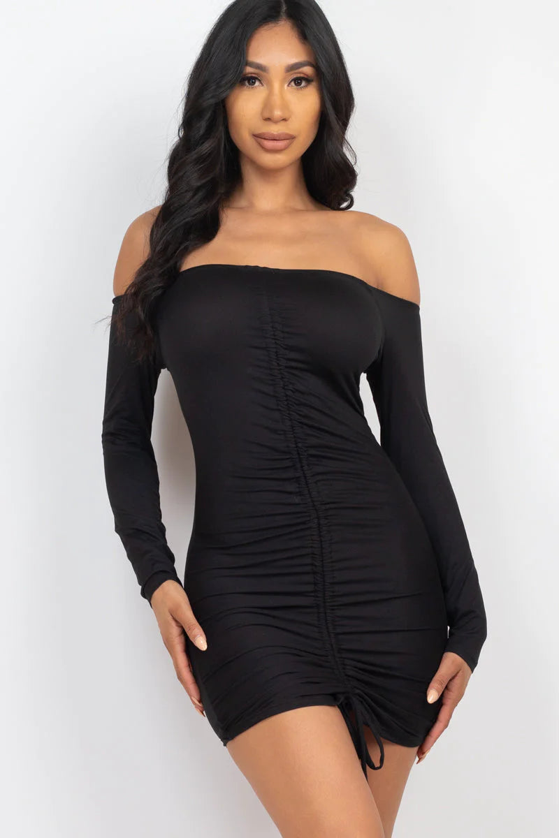 Off Shoulder Ruched Drawstring Bodycon Dress (CAPELLA)