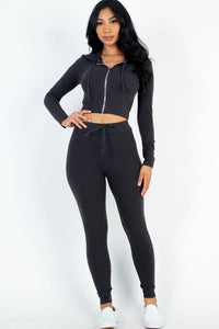 Thumbnail for Ribbed Zip Crop Jacket & Leggings Set (CAPELLA)