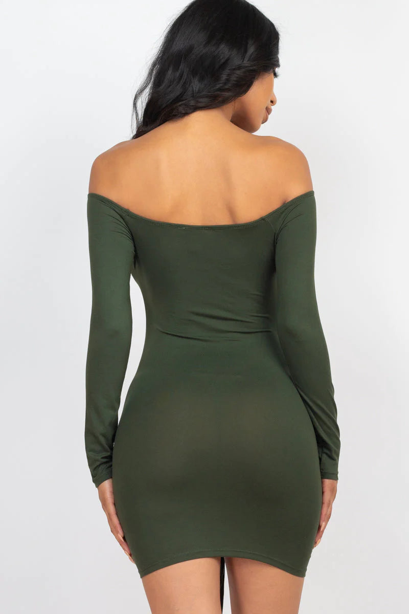 Off Shoulder Ruched Drawstring Bodycon Dress (CAPELLA)