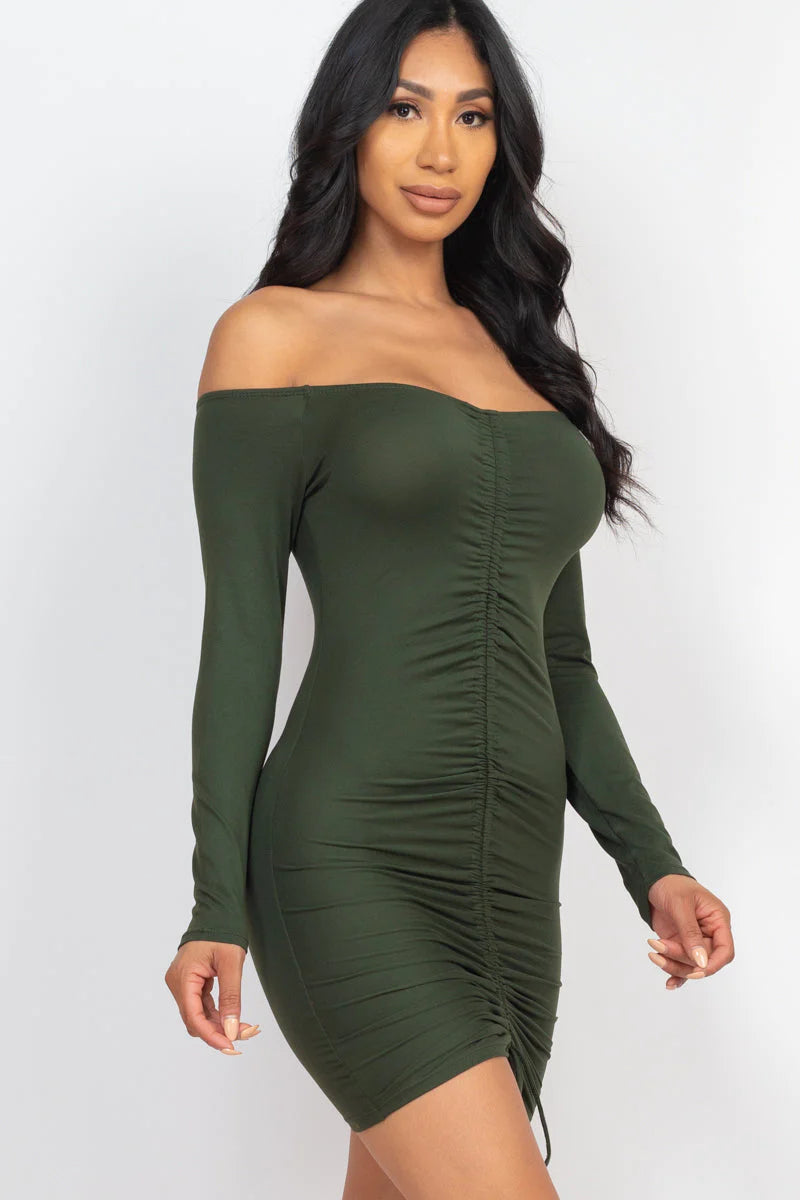 Off Shoulder Ruched Drawstring Bodycon Dress (CAPELLA)