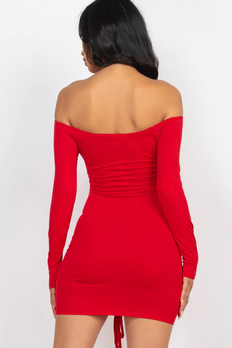 Off Shoulder Ruched Drawstring Bodycon Dress (CAPELLA)