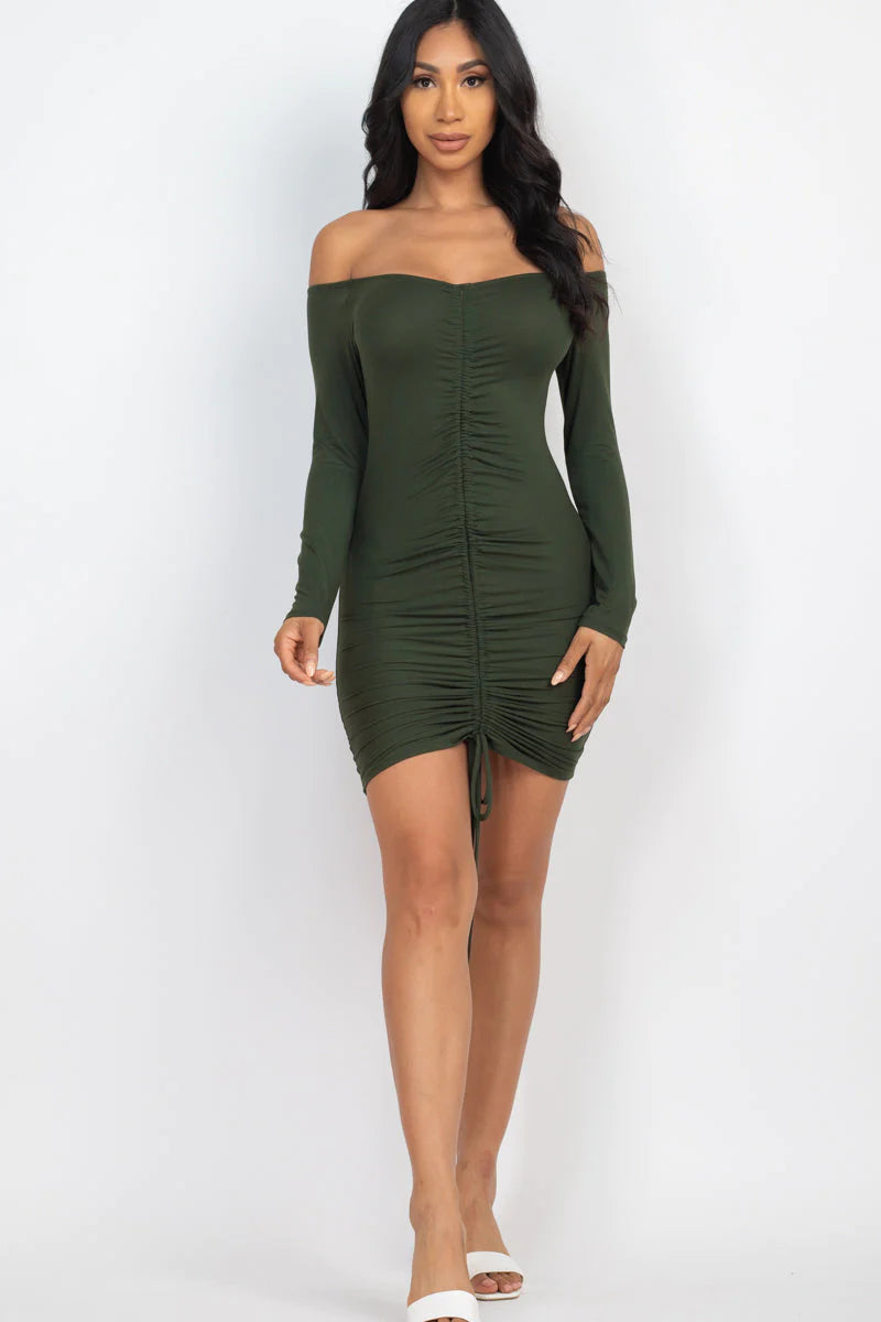 Off Shoulder Ruched Drawstring Bodycon Dress (CAPELLA)