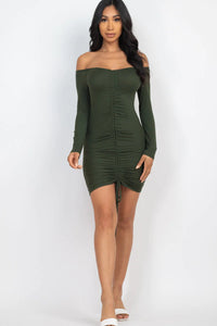 Thumbnail for Off Shoulder Ruched Drawstring Bodycon Dress (CAPELLA)