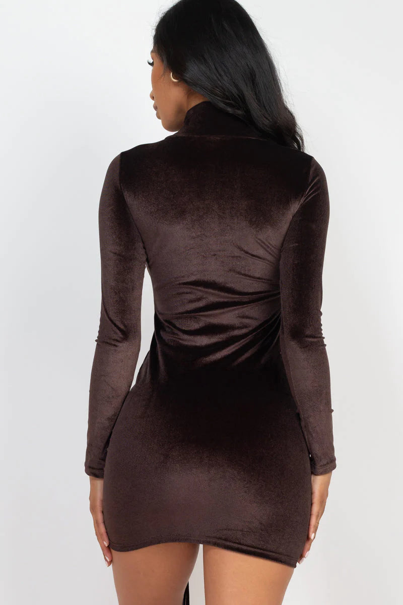 Turtleneck Drawstring Ruched Velour Dress (CAPELLA)