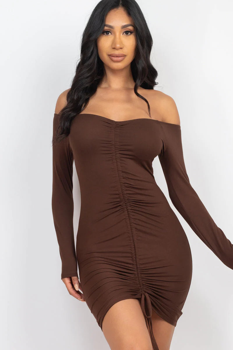 Off Shoulder Ruched Drawstring Bodycon Dress (CAPELLA)