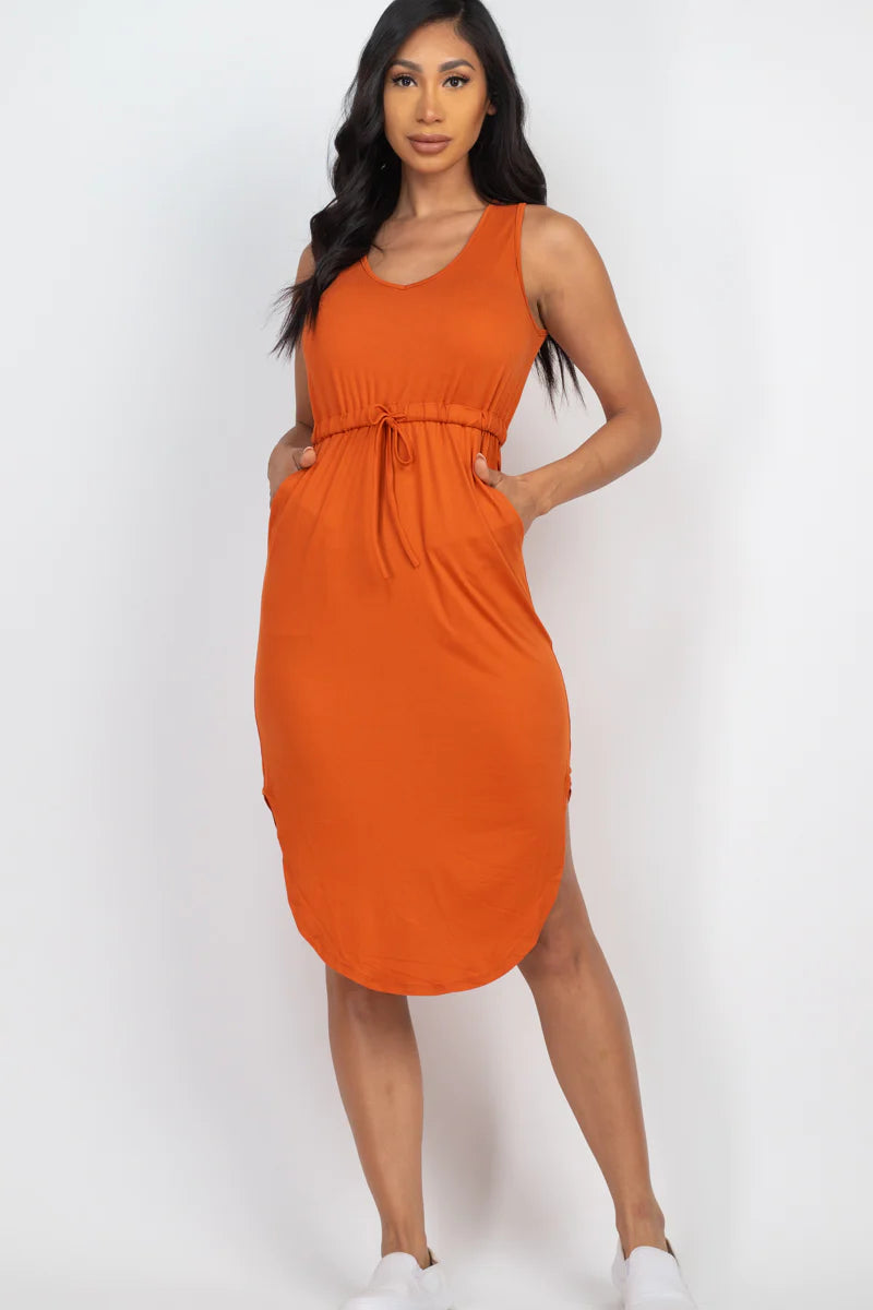 DRAWSTRING SLEEVELESS MIDI DRESS (CAPELLA)