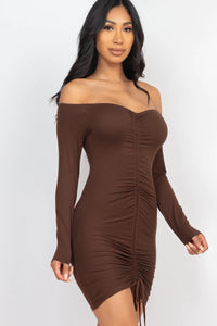 Thumbnail for Off Shoulder Ruched Drawstring Bodycon Dress (CAPELLA)