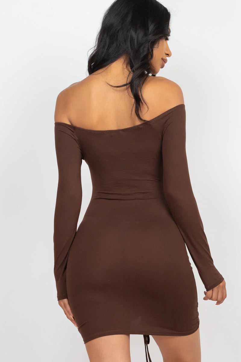 Off Shoulder Ruched Drawstring Bodycon Dress (CAPELLA)