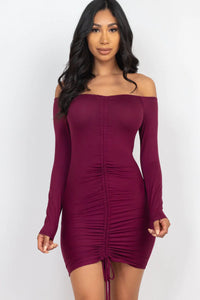 Thumbnail for Off Shoulder Ruched Drawstring Bodycon Dress (CAPELLA)