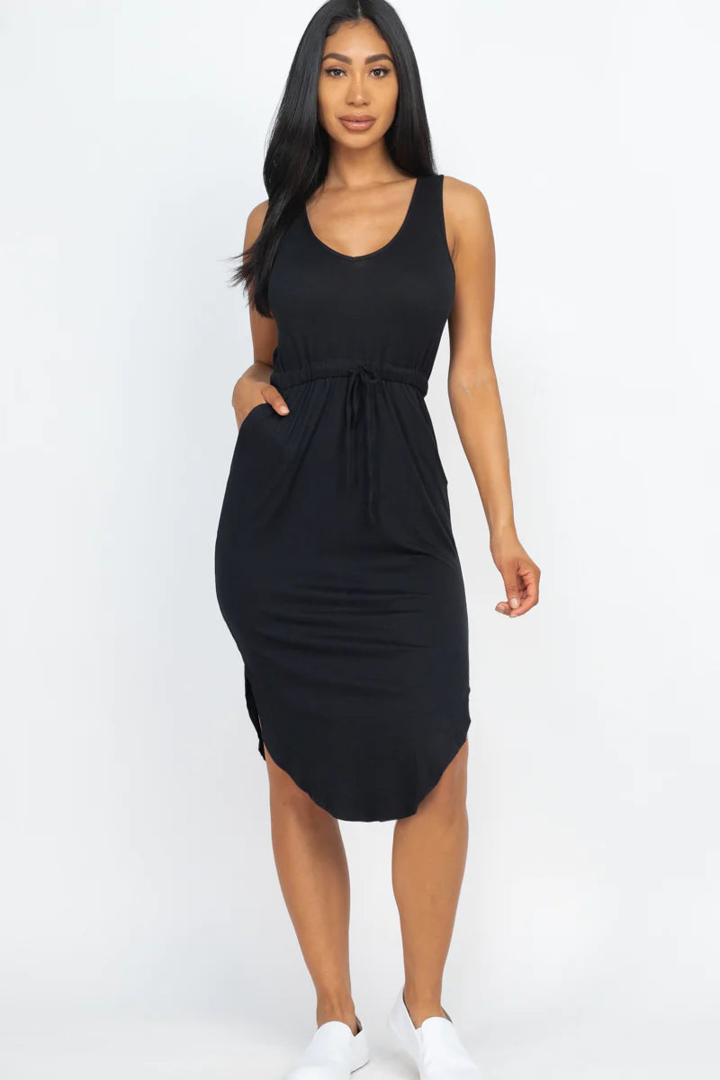 DRAWSTRING SLEEVELESS MIDI DRESS (CAPELLA)